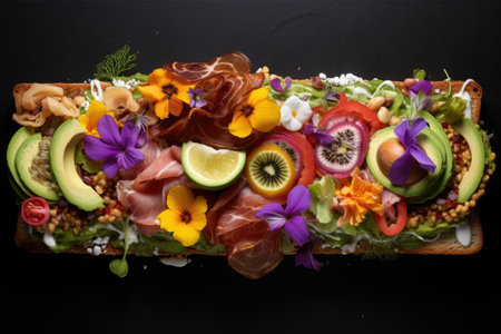 open-faced sandwich with artistic toppings arrangement, created with generative aiの素材