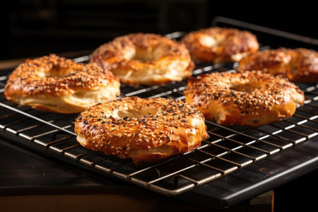 freshly baked bagels cooling on wire rack, created with generative aiの素材
