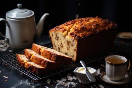 sliced banana bread on a cooling rack with tea, created with generative aiの素材