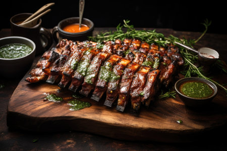 sliced grilled ribs with dipping sauce and herbs, created with generative aiの素材