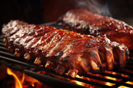 close-up of juicy bbq ribs on a grill, created with generative aiの素材