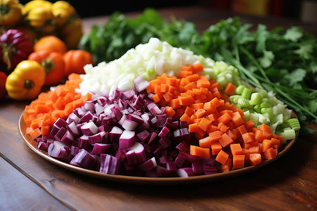 chopped vegetables for beetroot soup preparation, created with generative aiの素材