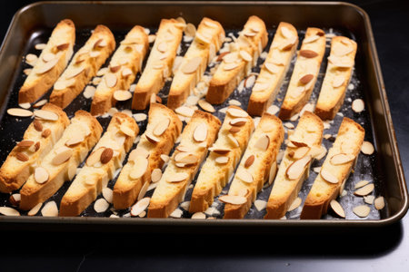 sliced almond-studded biscotti dough before second bake, created with generative aiの素材