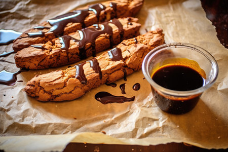 dipping biscotti in melted chocolate, on parchment paper, created with generative aiの素材