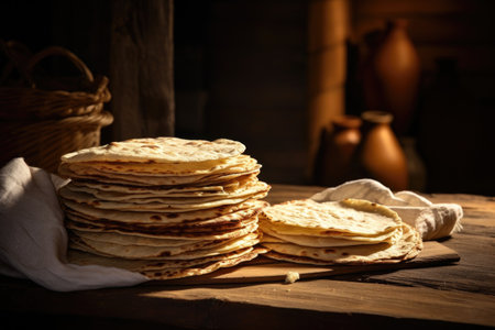 tortillas stacked neatly on a rustic table, created with generative aiの素材