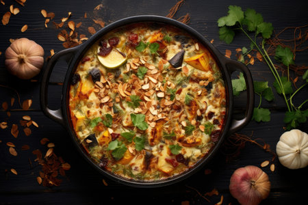 top view of a beautifully baked casserole, created with generative aiの素材