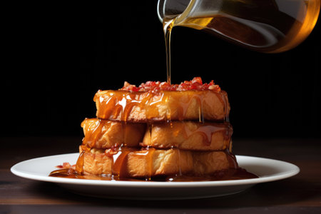 drizzling maple syrup over a stack of french toast, created with generative aiの素材