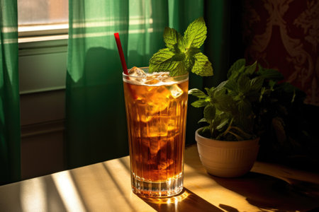 sunlit glass of ice tea with mint leaves and straw, created with generative aiの素材