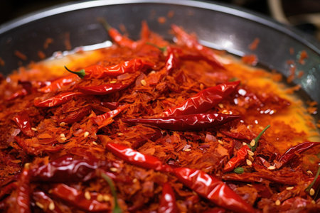 close-up of gochugaru red pepper flakes and fish sauce, created with generative aiの素材