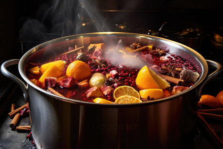 boiling fruit mix in large pot for jam preparation, created with generative aiの素材