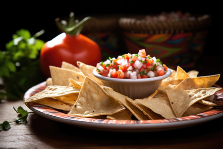 pico de gallo with tortilla chips on a plate, created with generative aiの素材