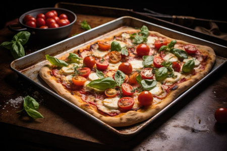 oven-ready pizza on baking sheet, created with generative aiの素材