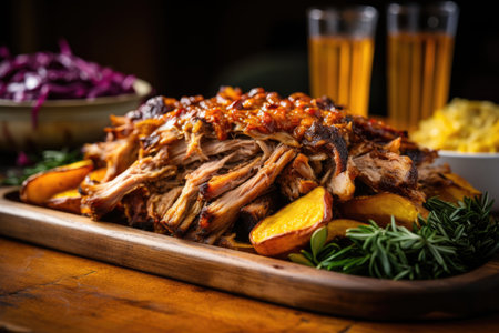 close-up of juicy pulled pork on a board, created with generative aiの素材