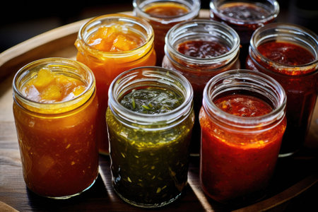 glass jars filled with homemade sauces, created with generative aiの素材