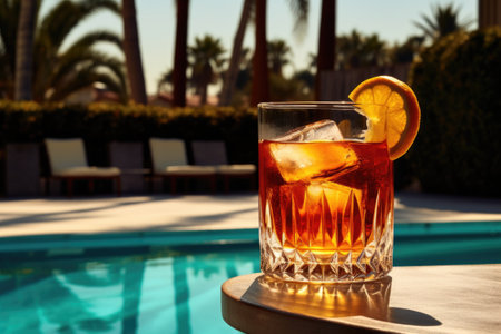 close-up of old fashioned glass with cocktail by pool, created with generative aiの素材
