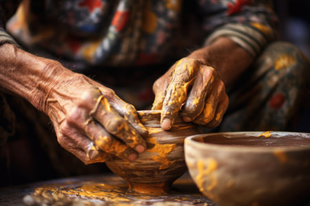 hands of an artist painting pottery with focus on brush, created with generative aiの素材