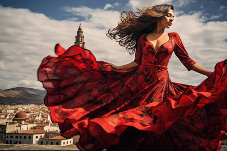 flamenco dress flowing in the wind outdoors, created with generative aiの素材