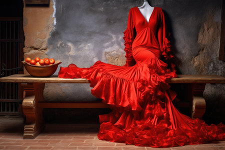 red flamenco dress draped over a wooden bench, created with generative aiの素材
