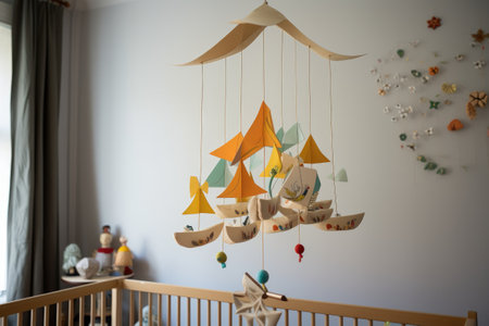a gentle mobile hanging above the crib, created with generative aiの素材