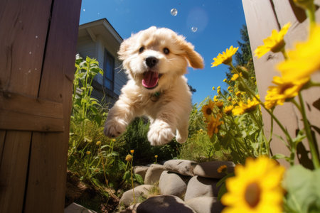 puppy exploring the backyard on a sunny day, created with generative aiの素材