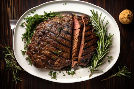 top view of a perfectly grilled steak on a plate, created with generative aiの素材