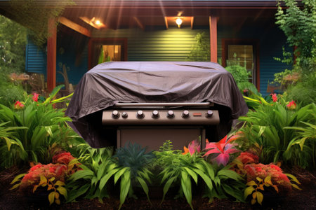 bbq grill cover with garden background, protection concept, created with generative aiの素材