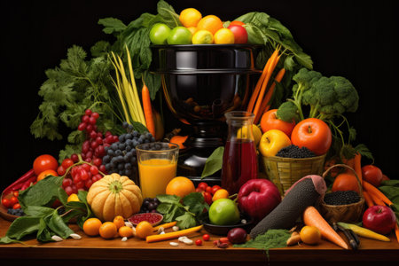 juicer surrounded by colorful fruits and vegetables, created with generative aiの素材