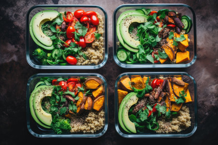 vegan meal prep bowls with quinoa, veggies, and avocado, created with generative aiの素材