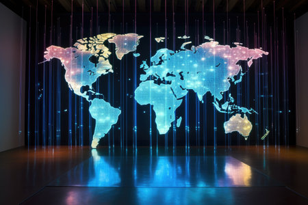 holographic display of world map with data points, created with generative aiの素材