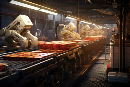robotic arms sorting packages on conveyor belts, created with generative aiの素材