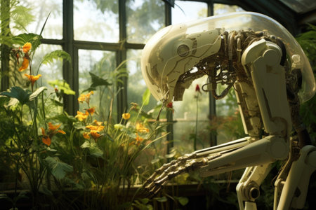 biohybrid robot interacting with plants or animals, created with generative aiの素材