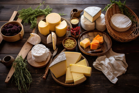 flat lay of various artisanal cheese wheels on a wooden table, created with generative aiの素材