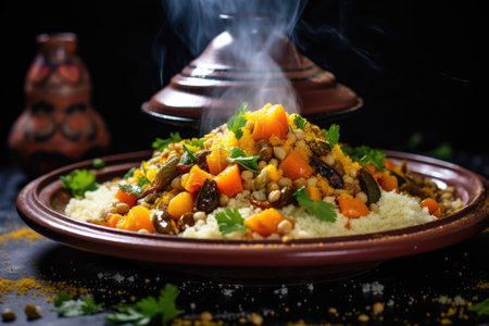 moroccan tagine dish with steaming couscous, created with generative aiの素材