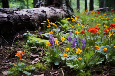 forest floor carpeted with colorful wildflowers, created with generative aiの素材