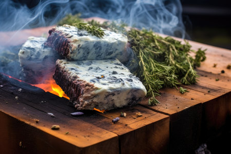 grilling blue cheese on cedar plank with fire and smoke, created with generative aiの素材
