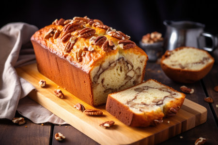 sliced banana bread on a wooden board, created with generative aiの素材