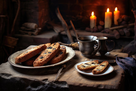 freshly baked biscotti on a rustic wooden table, created with generative aiの素材