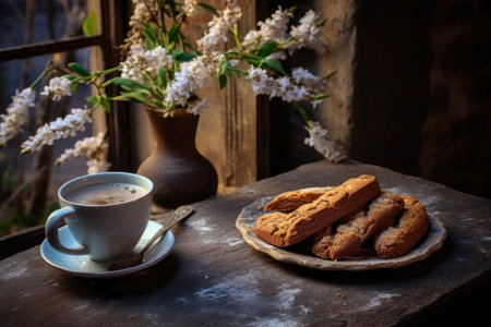 overhead view of biscotti and coffee on rustic table, created with generative aiの素材