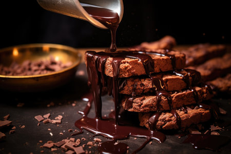 biscotti being dipped in melted chocolate for decoration, created with generative aiの素材