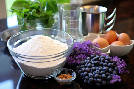 mixing ingredients for blueberry muffins, created with generative aiの素材
