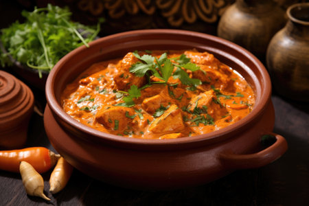 close-up of chicken tikka masala in a clay pot, created with generative aiの素材