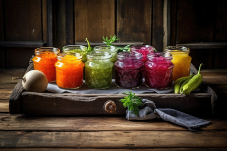 jars of colorful chutney on rustic wooden table, created with generative aiの素材