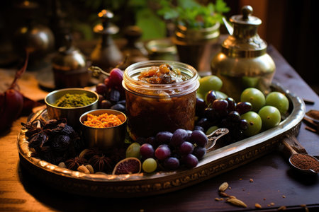 ingredients and recipe book open for making chutney at home, created with generative aiの素材