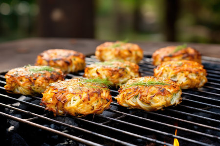 golden cooked crab cakes on a cooling rack, created with generative aiの素材