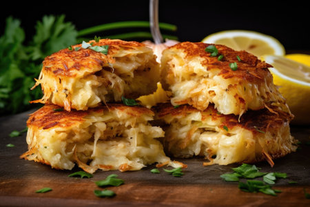 crab cakes sliced open, revealing texture, created with generative aiの素材