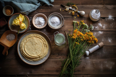 flat lay of crepe mix ingredients on a rustic table, created with generative aiの素材