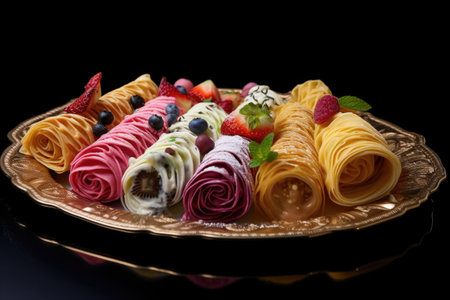crepe-filled plate with various sweet fillings, created with generative aiの素材