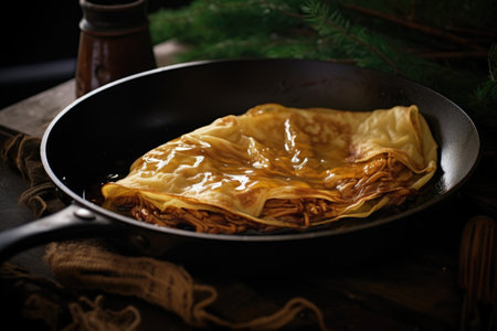 golden brown crepe folded on a skillet, created with generative aiの素材