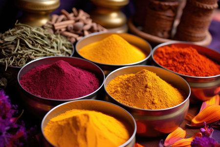 colorful assortment of curry spices, created with generative aiの素材