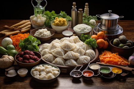 dumpling filling ingredients arranged on table, created with generative aiの素材